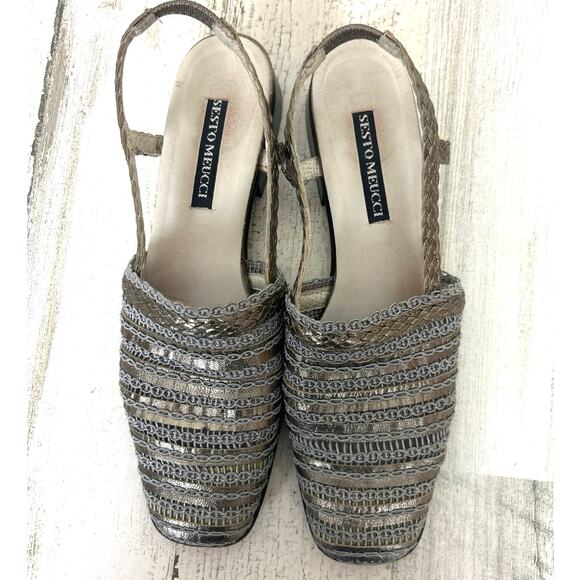 Sesto Meucci Woven womens 7 Narrow Square Toe Leather shoe Silver Italy VINTAGE - Picture 2 of 7